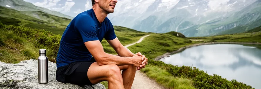 Sportif suisse en pause sur sentier alpin avec thermos de thé bio