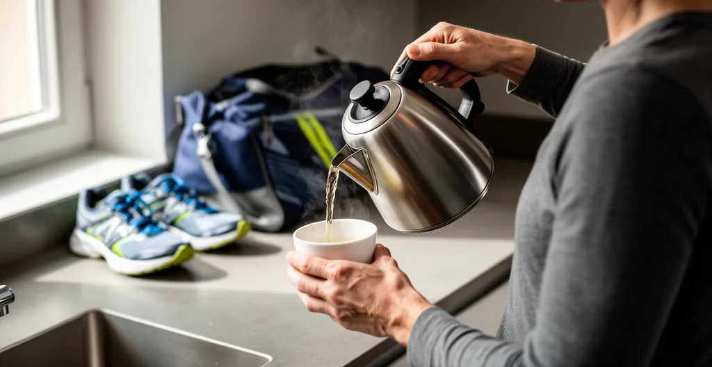 Préparation thé bio avant entraînement dans cuisine moderne